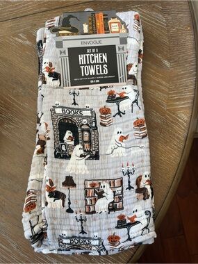 Envogue Halloween Ghost/Pumpkin Reading Books Kitchen Towels Set of 3 Identical